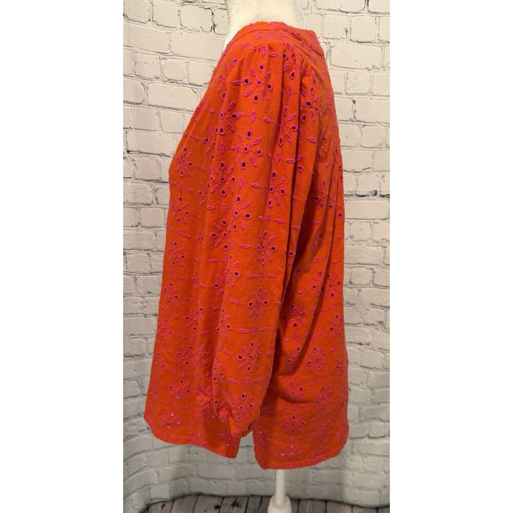 J Jill Womens Tunic Top Orange Pink Eyelet 3/4 Sleeves Cotton V Neck Blouse S - Picture 3 of 7